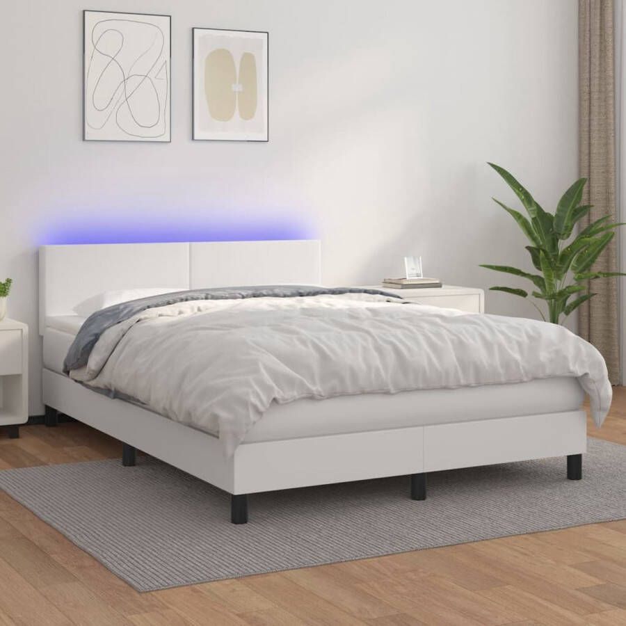 The Living Store Boxspring met matras en LED kunstleer wit 140x200 cm Bed