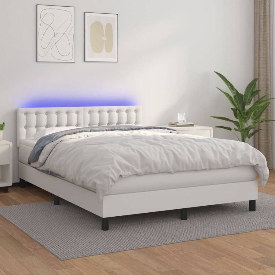 The Living Store Boxspring met matras en LED kunstleer wit 140x200 cm Boxspring Boxsprings Bed Slaapmeubel Boxspringbed Boxspring Bed Tweepersoonsbed Bed Met Matras Bedframe Ledikant Bed Met LED