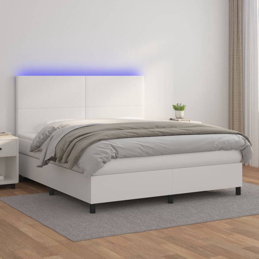 The Living Store Boxspring met matras en LED kunstleer wit 160x200 cm Bed