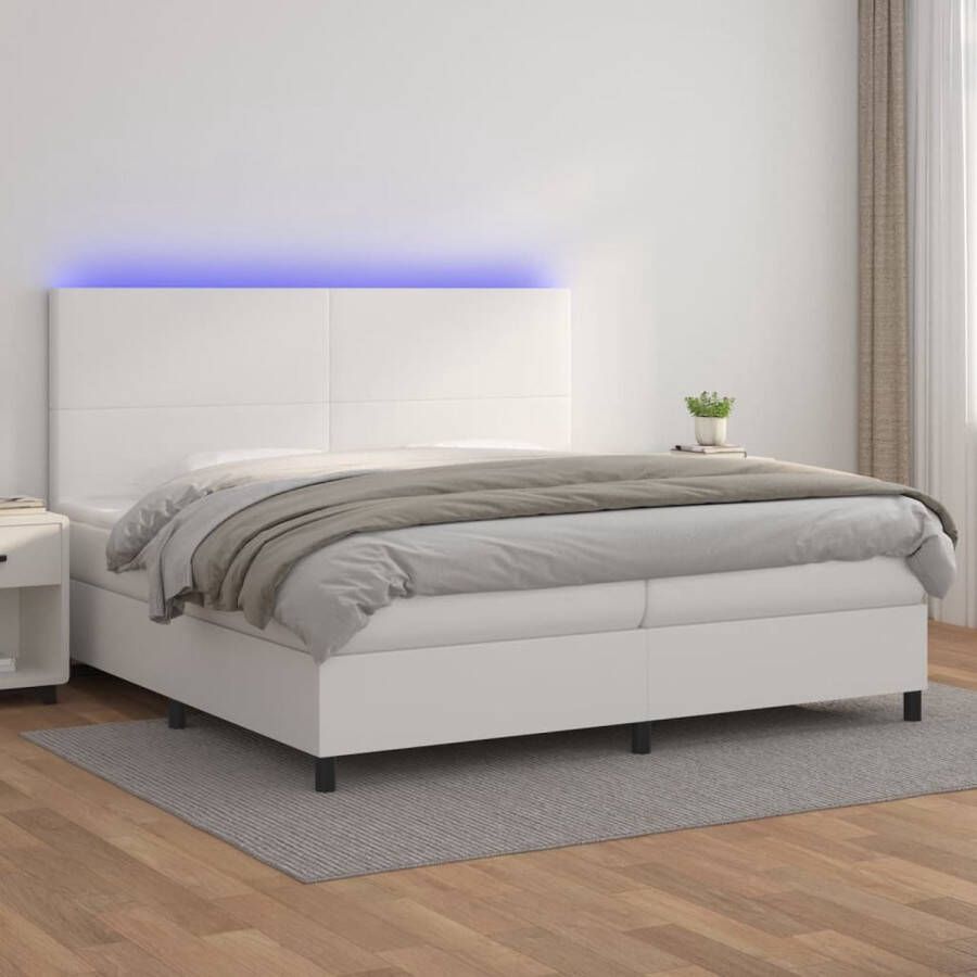 The Living Store Boxspring met matras en LED kunstleer wit 200x200 cm Bed