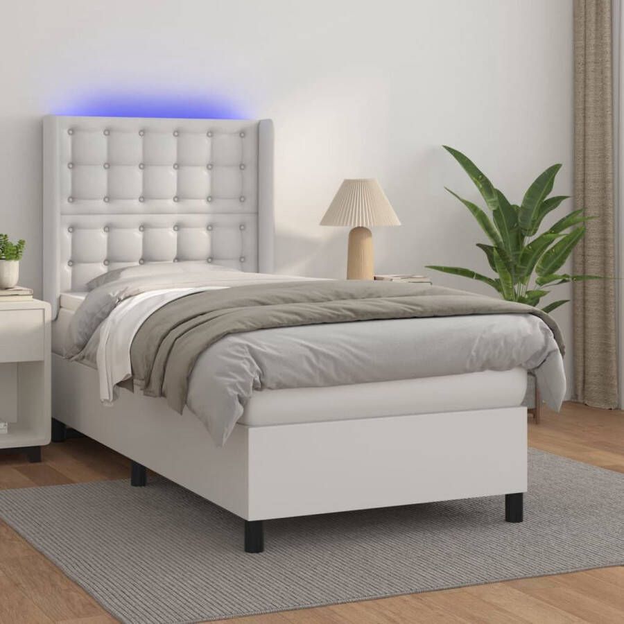 The Living Store Boxspring met matras en LED kunstleer wit 90x200 cm Boxspring Boxsprings Bed Slaapmeubel Boxspringbed Boxspring Bed Tweepersoonsbed Bed Met Matras Bedframe Ledikant Bed Met LED