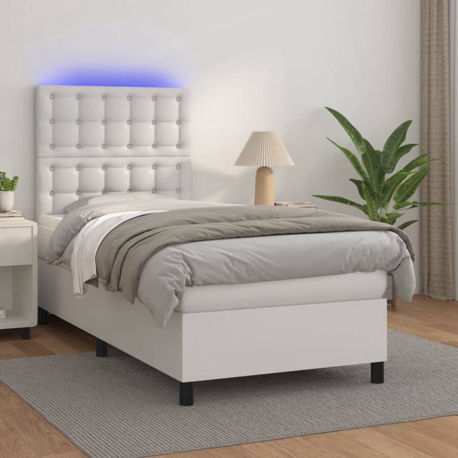 The Living Store Boxspring met matras en LED kunstleer wit 90x200 cm Boxspring Boxsprings Bed Slaapmeubel Boxspringbed Boxspring Bed Tweepersoonsbed Bed Met Matras Bedframe Ledikant Bed Met LED