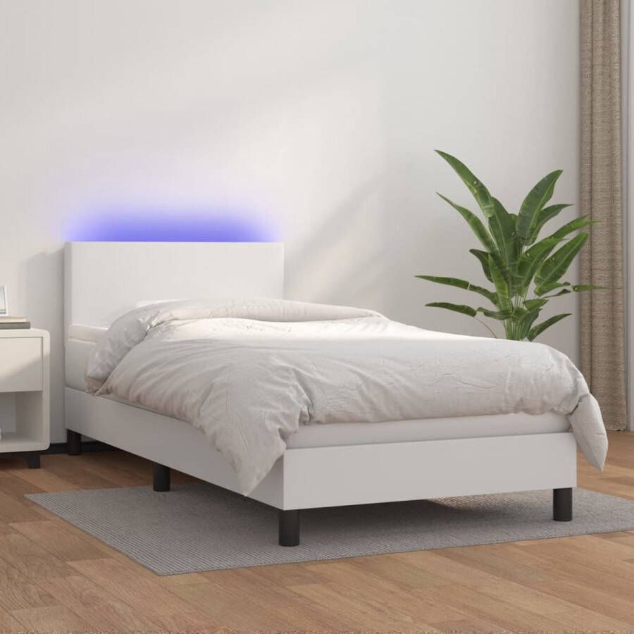 The Living Store Boxspring met matras en LED kunstleer wit 90x200 cm Bed