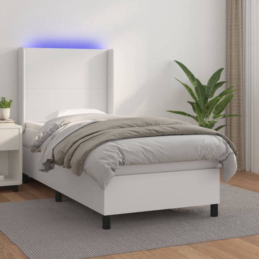 The Living Store Boxspring met matras en LED kunstleer wit 90x200 cm Boxspring Boxsprings Bed Slaapmeubel Boxspringbed Boxspring Bed Tweepersoonsbed Bed Met Matras Bedframe Ledikant Bed Met LED