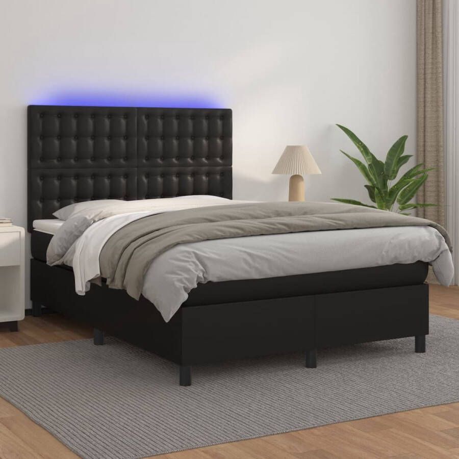 The Living Store Boxspring met matras en LED kunstleer zwart 140x190 cm Boxspring Boxsprings Bed Slaapmeubel Boxspringbed Boxspring Bed Tweepersoonsbed Bed Met Matras Bedframe Ledikant Bed Met LED