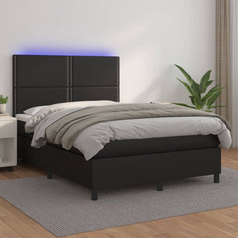 The Living Store Boxspring met matras en LED kunstleer zwart 140x200 cm Boxspring Boxsprings Bed Slaapmeubel Boxspringbed Boxspring Bed Tweepersoonsbed Bed Met Matras Bedframe Ledikant Bed Met LED