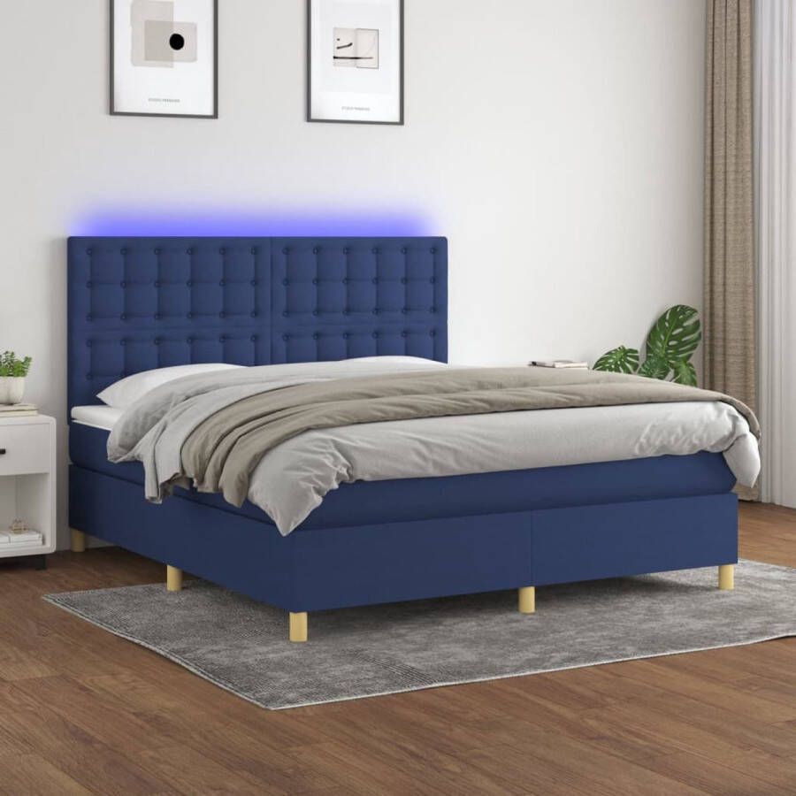 The Living Store Boxspring met matras en LED stof blauw 180x200 cm Bed
