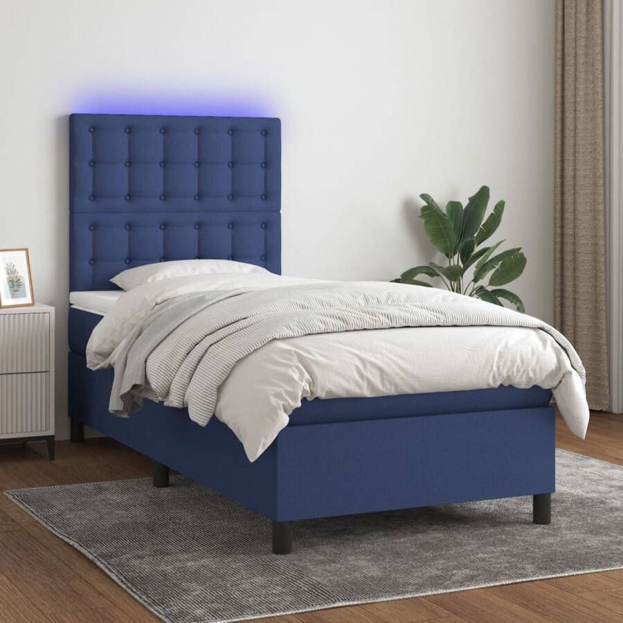 The Living Store Boxspring Blauw Bed 203x80x118 128cm LED Pocketvering matras Huidvriendelijk topmatras