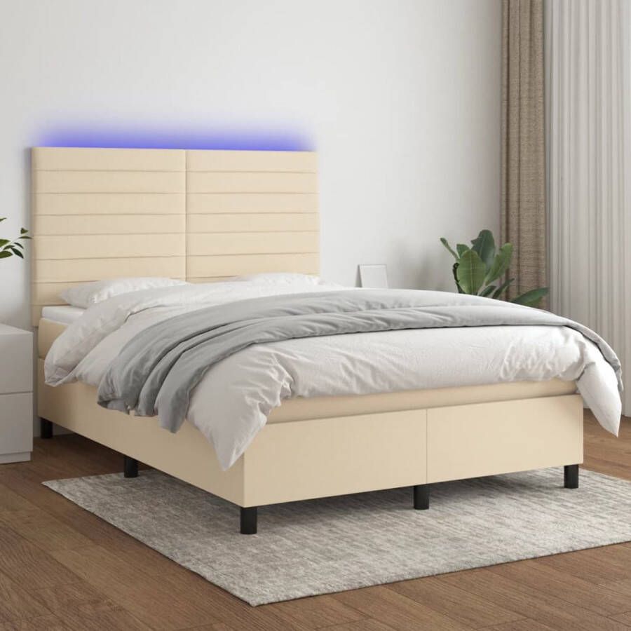 The Living Store Boxspring met matras en LED stof crèmekleurig 140x200 cm Bed