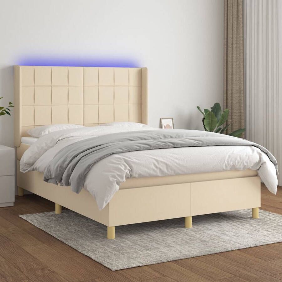 The Living Store Boxspring met matras en LED stof crèmekleurig 140x200 cm Bed