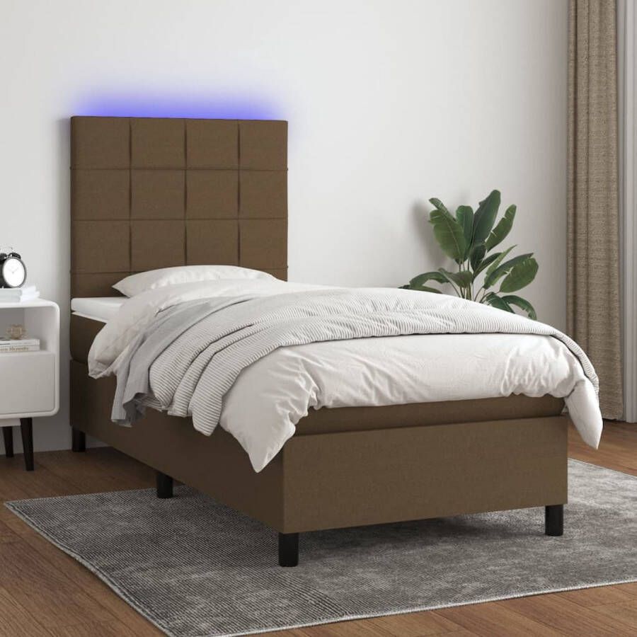 The Living Store Boxspring met matras en LED stof donkerbruin 80x200 cm Bed