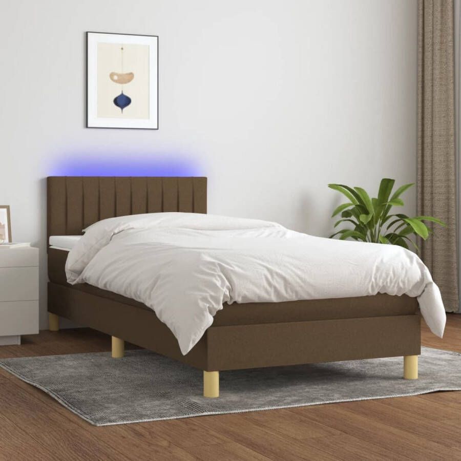 The Living Store Boxspring met matras en LED stof donkerbruin 90x190 cm Bed