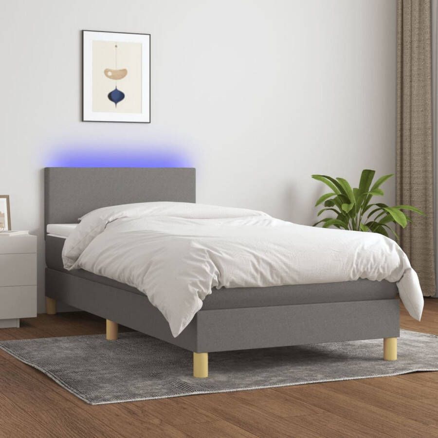 The Living Store Boxspring Bed Donkergrijs 203 x 100 x 118 128 cm Verstelbaar hoofdbord Kleurrijke LED-verlichting Pocketvering matras Huidvriendelijk topmatras Inclusief montagehandleiding en LED-strip