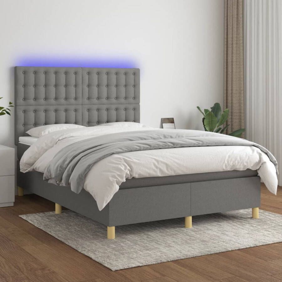 The Living Store Boxspring met matras en LED stof donkergrijs 140x190 cm Boxspring Boxsprings Bed Slaapmeubel Boxspringbed Boxspring Bed Tweepersoonsbed Bed Met Matras Bedframe Ledikant Bed Met LED