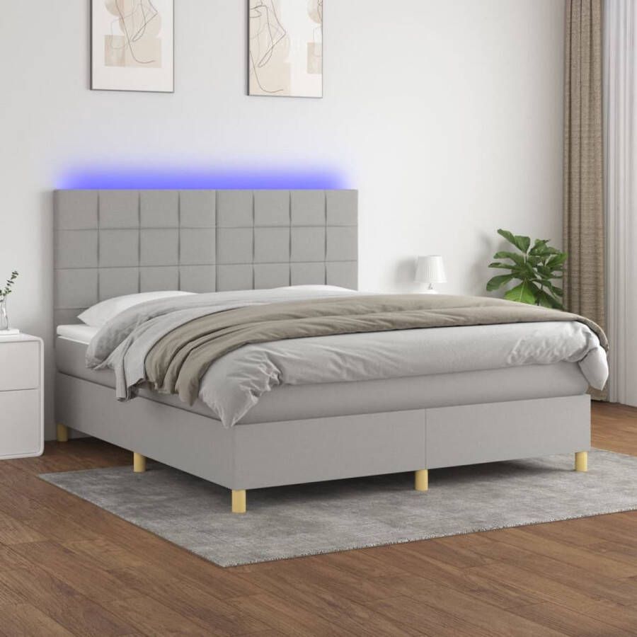 The Living Store Boxspring met matras en LED stof lichtgrijs 160x200 cm Bed