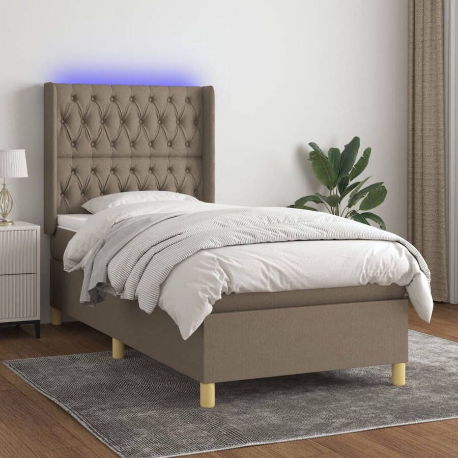The Living Store Bed Frame Boxspring 203x103x118 128 cm Taupe Pocketvering Matras 100x200x20 cm LED Verlichting 55 cm