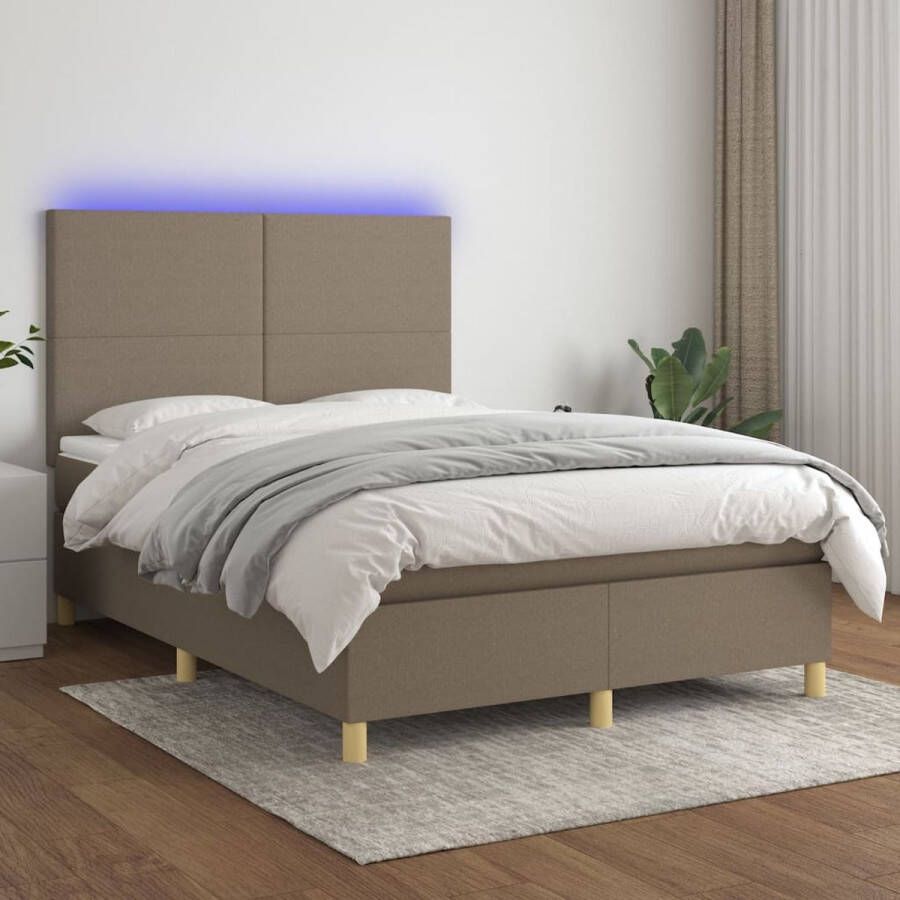 The Living Store Boxspring met matras en LED stof taupe 140x200 cm Bed