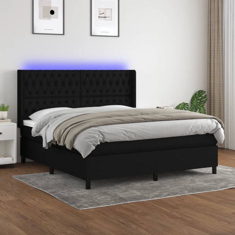 The Living Store Boxspring Bed LED 160x200 cm Pocketvering Matras Wit Zwart Verstelbaar hoofdbord