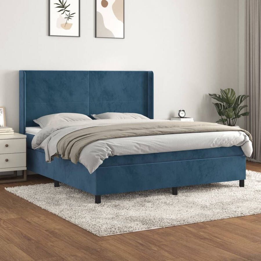 The Living Store Boxspringbed Donkerblauw Fluweel 160x200 Verstelbaar Hoofdbord Pocketvering Matras Middelharde Ondersteuning Huidvriendelijk Topmatras