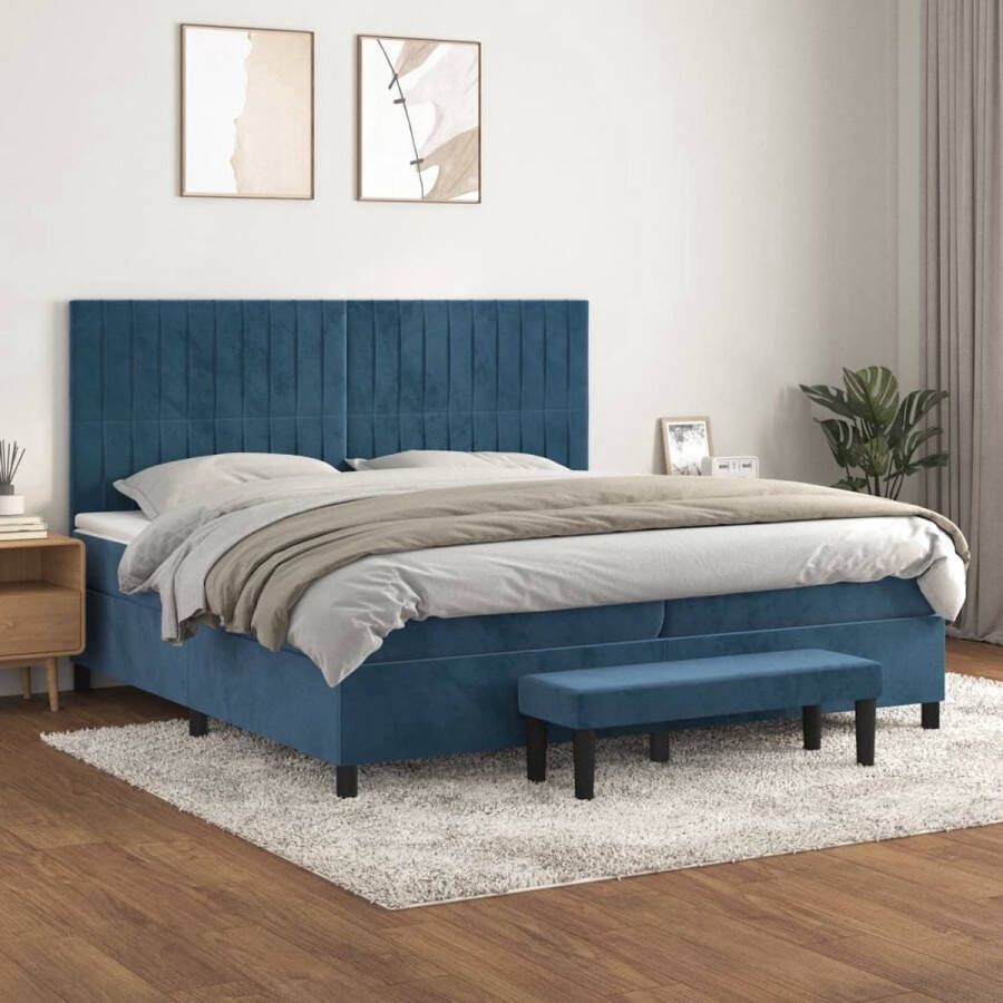 The Living Store Boxspring met matras fluweel donkerblauw 200x200 cm Bed