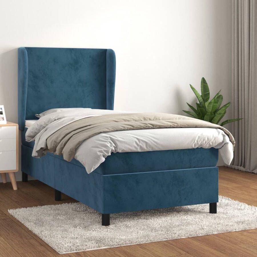 The Living Store Boxspring Bed Donkerblauw Fluweel 203x83x118 128 cm Pocketvering Matras Middelharde Ondersteuning Huidvriendelijk Topmatras