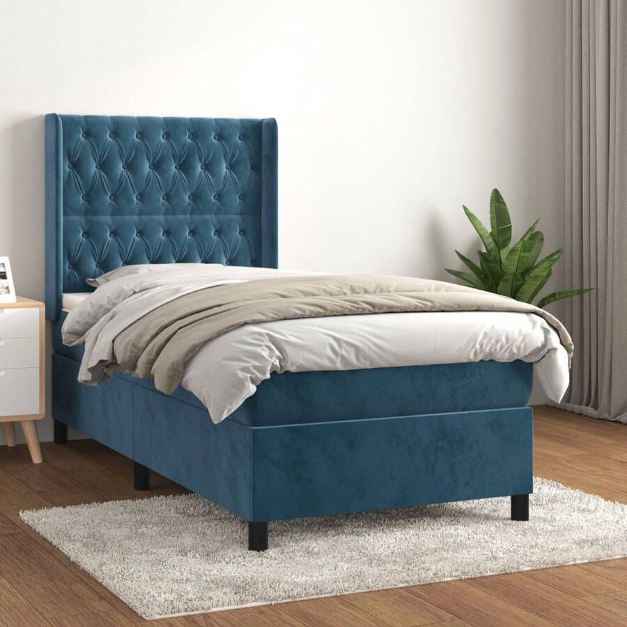 The Living Store Boxspring met matras fluweel donkerblauw 90x200 cm Bed