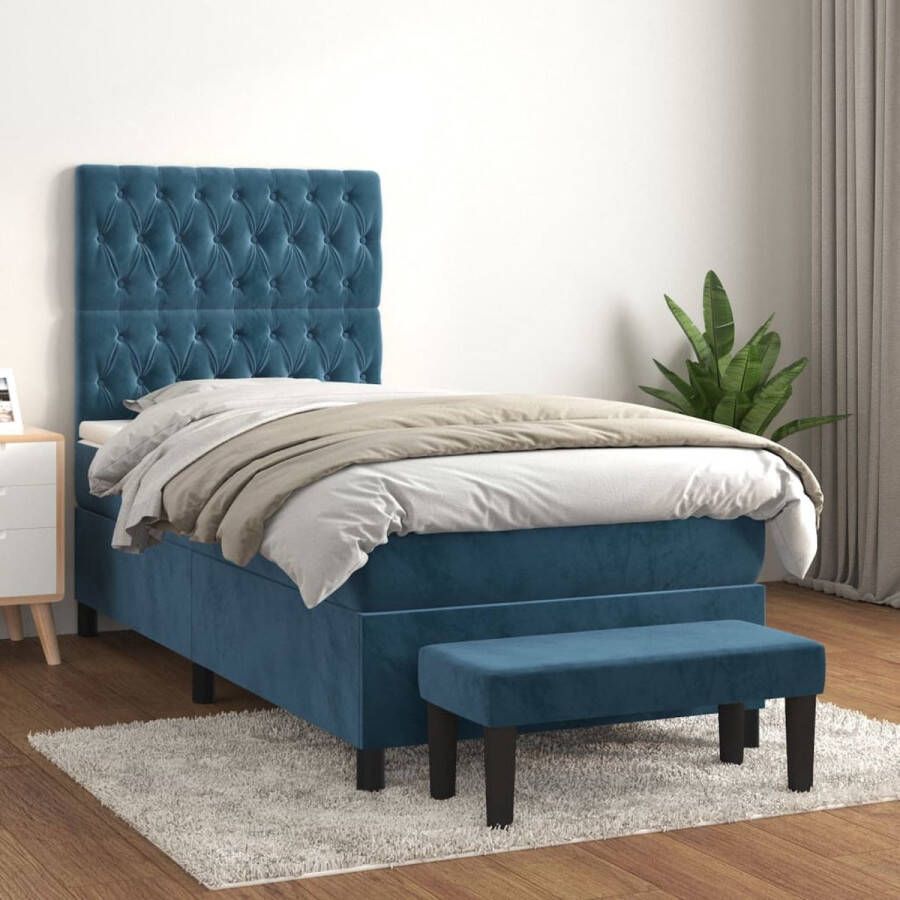 The Living Store Boxspring met matras fluweel donkerblauw 90x200 cm Bed