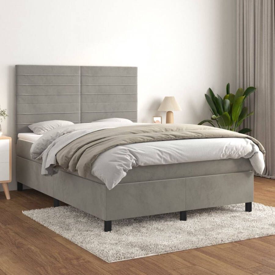 The Living Store Boxspring met matras fluweel lichtgrijs 140x190 cm Bed