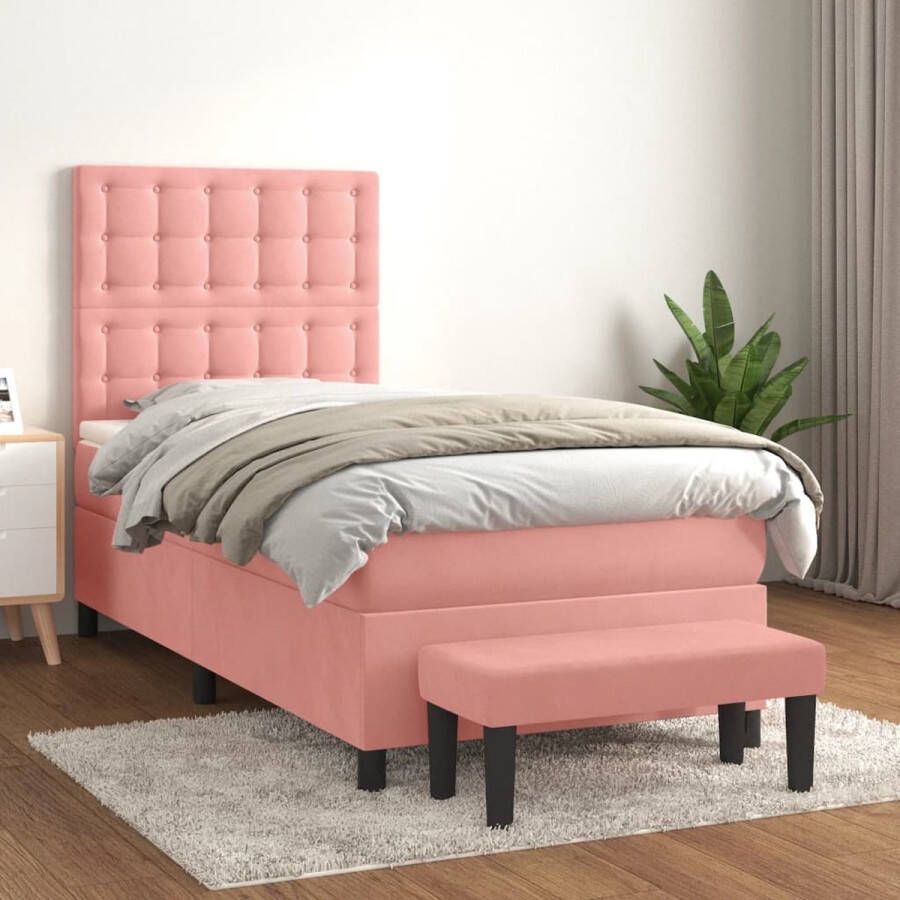 The Living Store Boxspring met matras fluweel roze 100x200 cm Bed