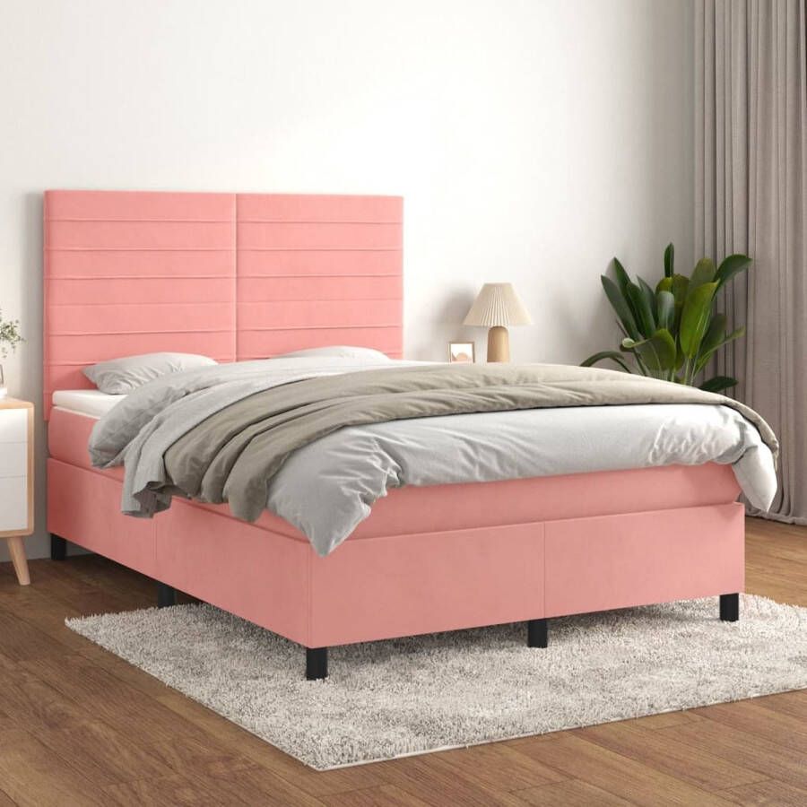 The Living Store Boxspring met matras fluweel roze 140x190 cm Bed