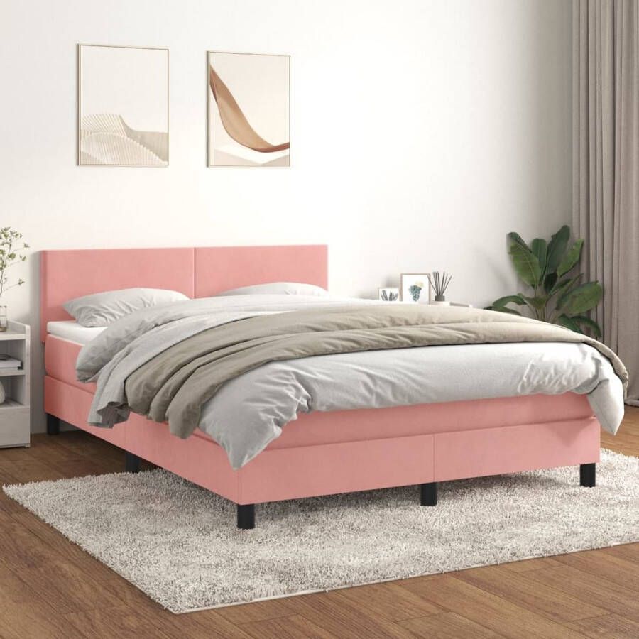 The Living Store Boxspring met matras fluweel roze 140x190 cm Bed