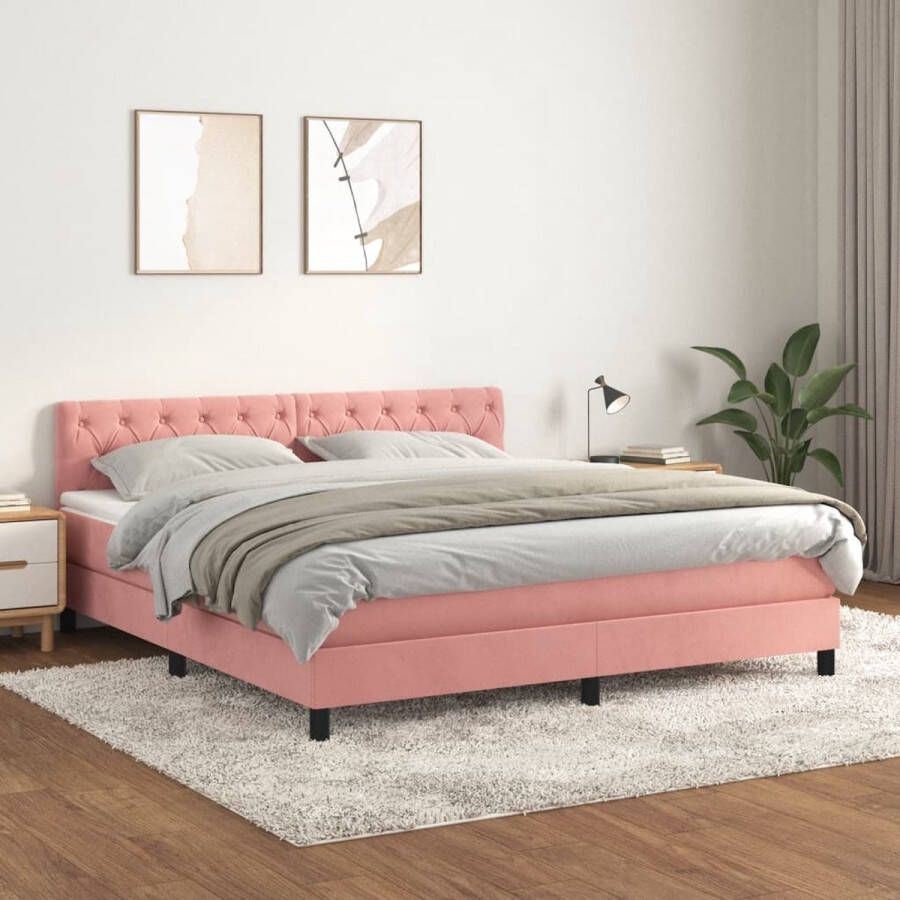 The Living Store Boxspring met matras fluweel roze 160x200 cm Bed