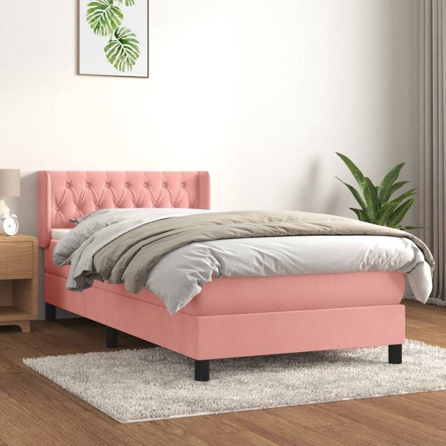 The Living Store Boxspringbed fluweel pocketvering middelharde ondersteuning huidvriendelijk roze 193x93x78 88 cm inclusief hoofdbord matras en topmatras