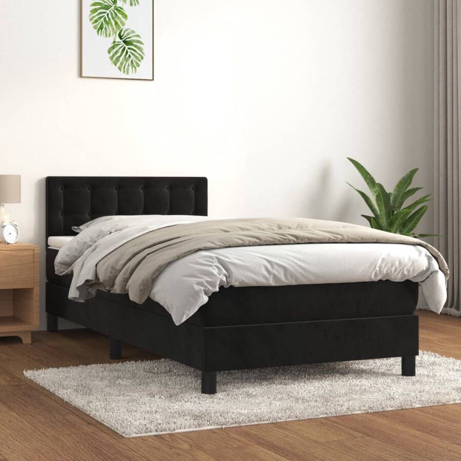 The Living Store Boxspring Bed Zwart Fluweel Pocketvering Middelharde Ondersteuning Huidvriendelijk