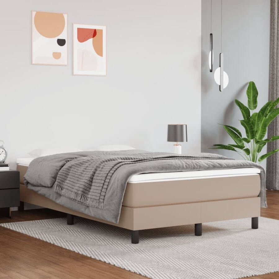 The Living Store Boxspringbed Kunstleren bedframe Pocketvering matras Middelharde ondersteuning Huidvriendelijk topmatras Cappuccino 203x120x25 cm Boxspringbed Kunstleder Bed Frame Pocketveer Matras Middelhard Topper