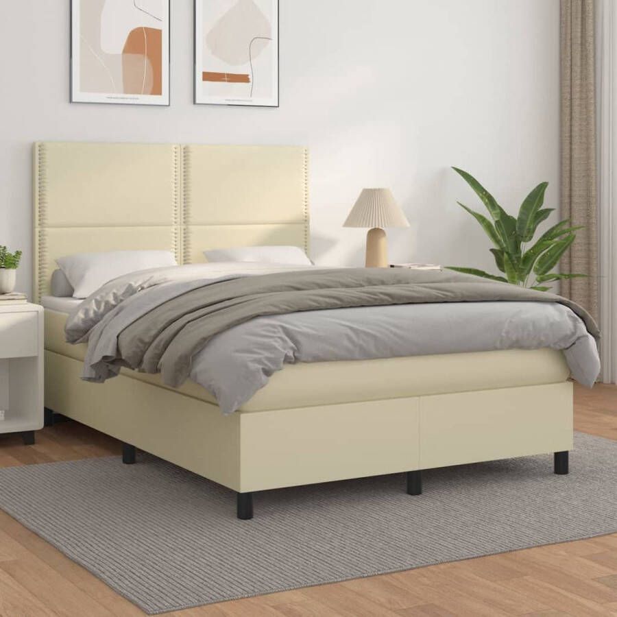 The Living Store Boxspringbed Bed 203x144x118 128cm Duurzaam kunstleer Verstelbaar hoofdbord Pocketvering matras Middelharde ondersteuning Huidvriendelijk topmatras Kleur- Crème Inclusief montagehandleiding