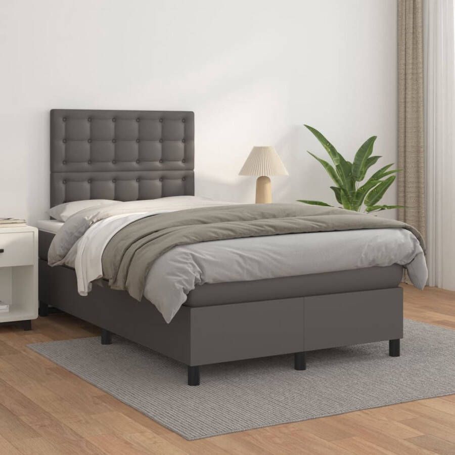 The Living Store Boxspringbed Grijs Kunstleer 203x120x118 128 cm Verstelbaar hoofdbord Pocketvering matras Middelharde ondersteuning Huidvriendelijk topmatras Boxspringbed Boxspring Slaapcomfort Kunstleer Grijs