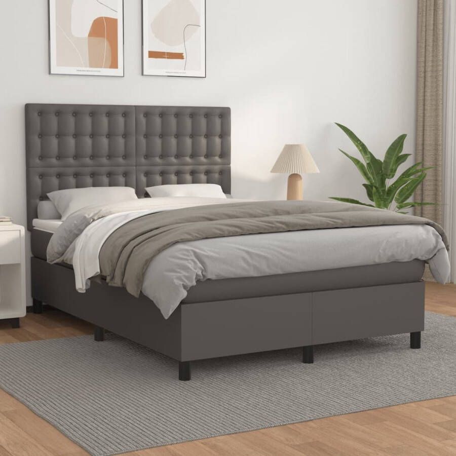 The Living Store Boxspringbed Kunstleer Grijs 203x144x118 128cm Verstelbaar hoofdbord Pocketvering matras Middelharde ondersteuning Huidvriendelijk topmatras Inclusief bedframe hoofdeind matras en topmatras