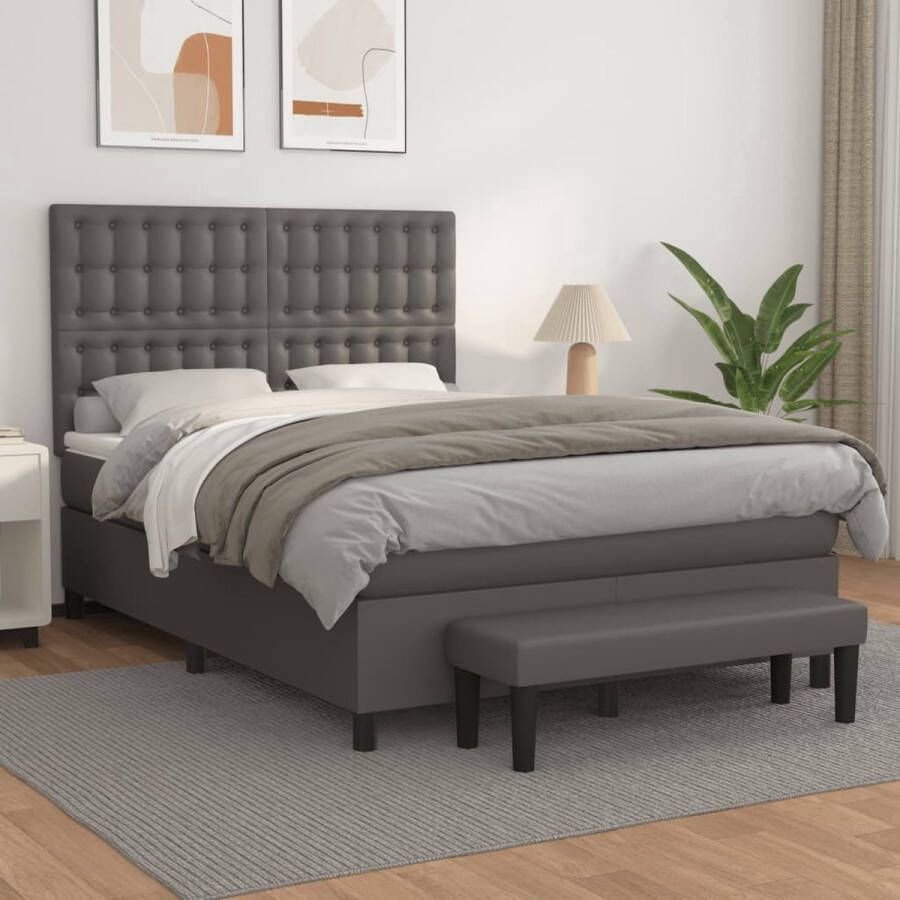 The Living Store Bedframe Boxspring 203 x 144 x 118 128 cm Duurzaam kunstleer Pocketvering matras Huidvriendelijk topmatras Grijs Inclusief bankje