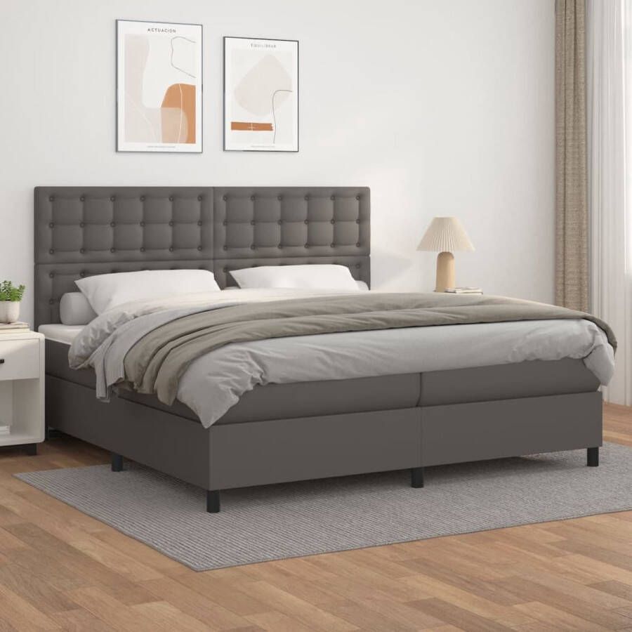 The Living Store Boxspringbed Kunstleer Grijs 203x200x118 128 cm Pocketvering Boxspringbed Kunstleder Bed Boxspring Grijs Tweepersoons Bed Pocketed Veren Matras - Foto 2