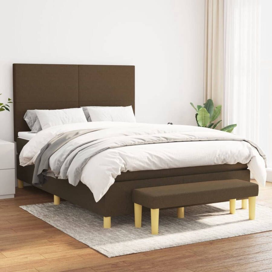 The Living Store Boxspringbed Bed 193 x 144 x 118 128 cm Donkerbruin Stof Duurzaam Verstelbaar hoofdbord Pocketvering matras Middelharde ondersteuning Huidvriendelijk topmatras Multifunctioneel bankje Incl montagehandleiding