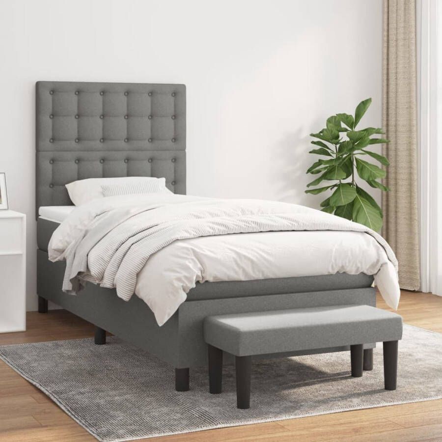 The Living Store Boxspringbed Donkergrijs 203 x 90 x 118 128 cm Verstelbaar hoofdbord Pocketvering matras Middelharde ondersteuning Huidvriendelijk topmatras Multifunctioneel bankje inclusief montagehandleiding