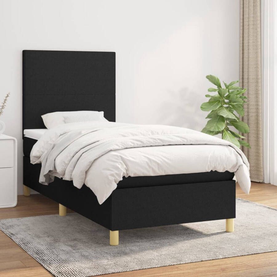 The Living Store Boxspring Bed Zwarte stoffen bekleding 203 x 100 x 118 128 cm Verstelbaar hoofdbord Pocketvering matras Middelharde ondersteuning Huidvriendelijk topmatras Inclusief montagehandleiding - Foto 2