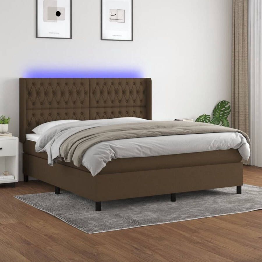 The Living Store Boxspring naam Bed met LED-verlichting en Pocketvering Matras 160 x 200 cm Kleur- Donkerbruin