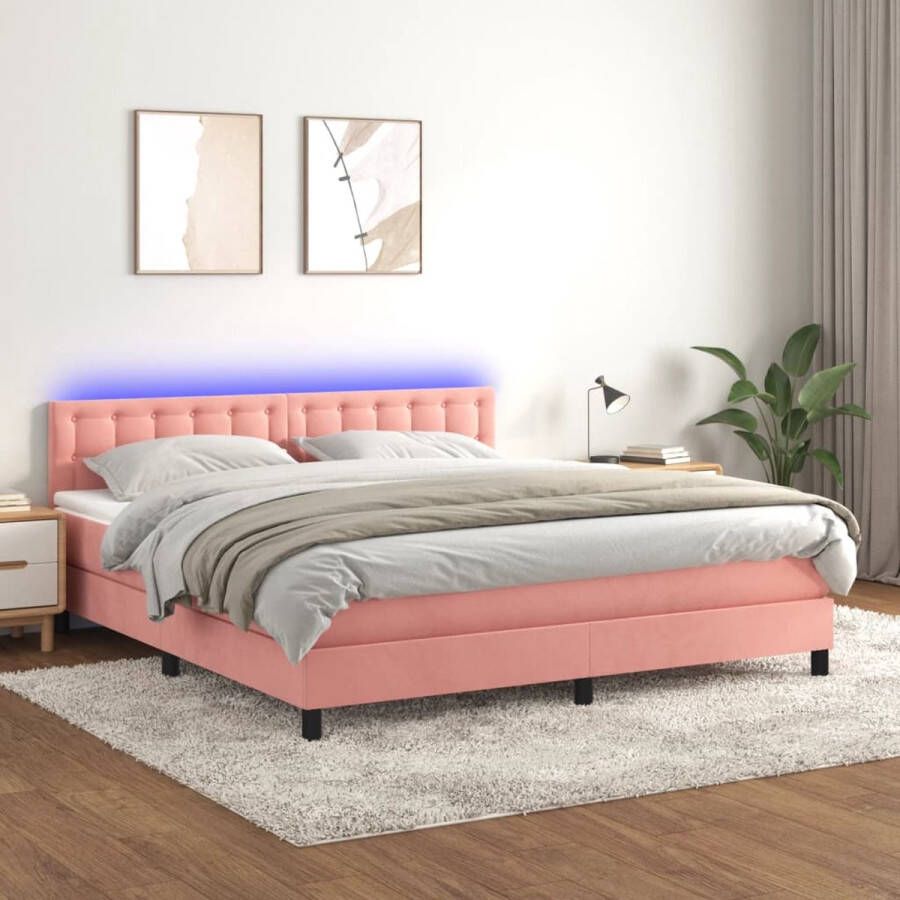 The Living Store Boxspring Roze Fluweel 203 x 160 x 78 88 cm Met LED en Pocketvering matras Huidvriendelijk topmatras Inclusief montagehandleiding USB-aansluiting