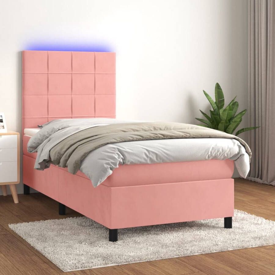 The Living Store Boxspring Roze Fluweel Bed 193x90x118 128 cm Verstelbaar Hoofdbord LED Pocketvering Matras Huidvriendelijk Topmatras