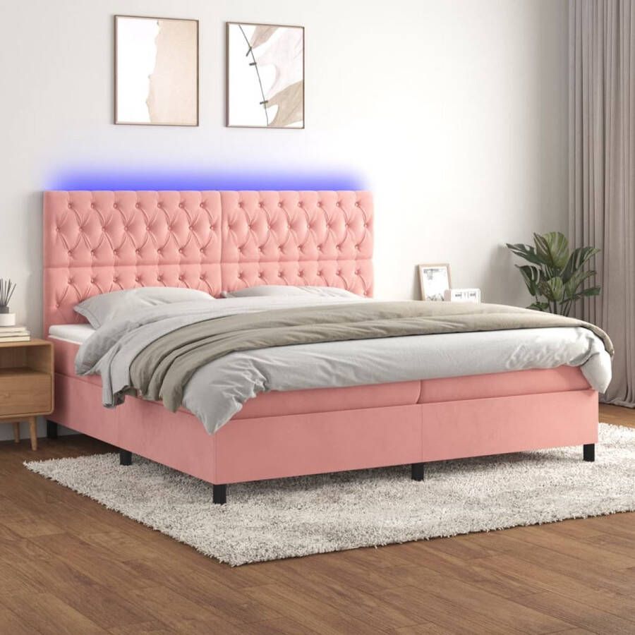 The Living Store Boxspring Roze fluweel Bed 203x200x118 128 cm LED pocketvering matras topmatras