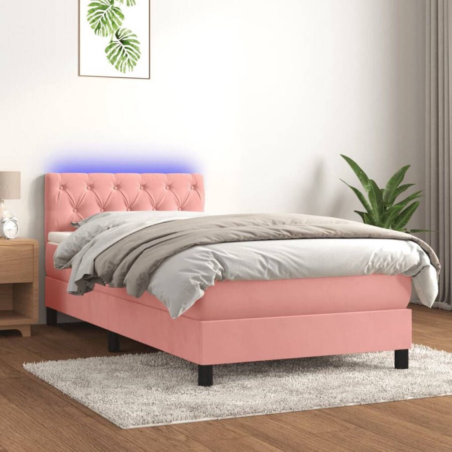 The Living Store Boxspring Roze fluweel bed met LED 203x80x78 88 cm Pocketvering matras 80x200x20 cm Huidvriendelijk topmatras 80x200x5 cm Inclusief LED-strip