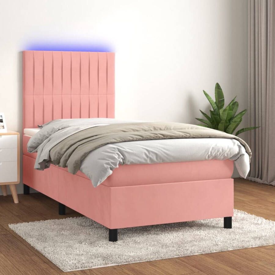 The Living Store Boxspring Roze fluwelen bed 193x90 cm LED pocketvering