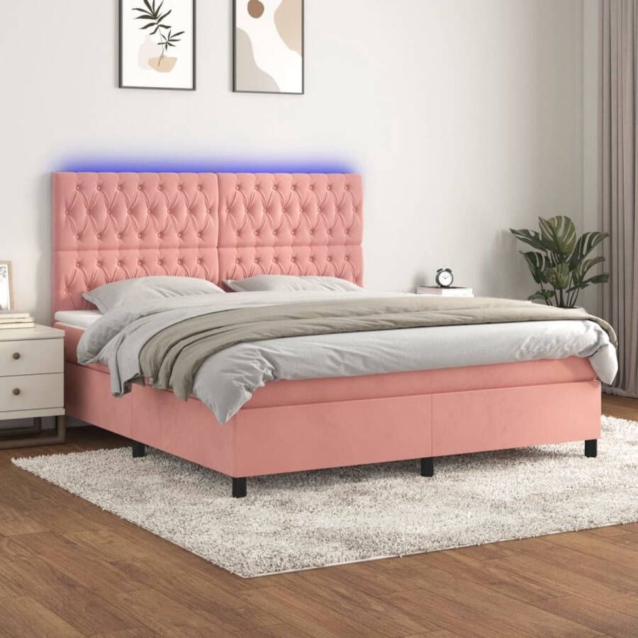 The Living Store Boxspring Roze fluwelen bed met LED-verlichting 160 x 200 cm Pocketvering matras Comfortabel topmatras Inclusief montagehandleiding